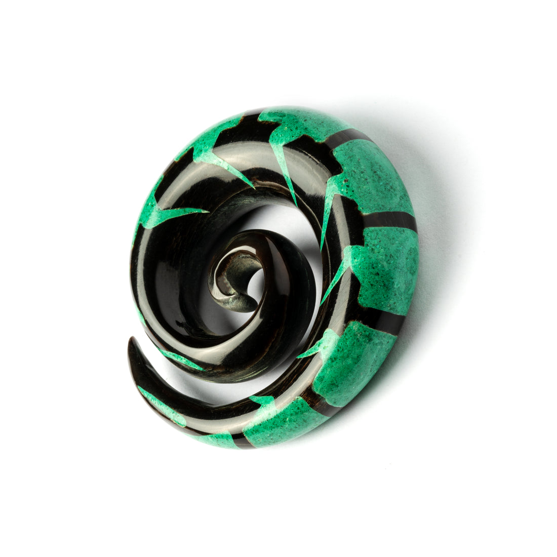 single spiral horn ear stretcher centipede shaped with Malachite inlay right side view