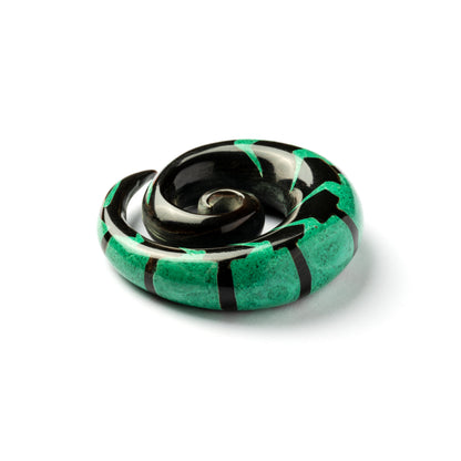 single spiral horn ear stretcher centipede shaped with Malachite inlay back view
