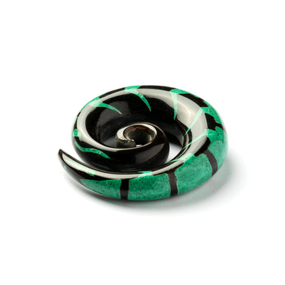 single spiral horn ear stretcher centipede shaped with Malachite inlay front view