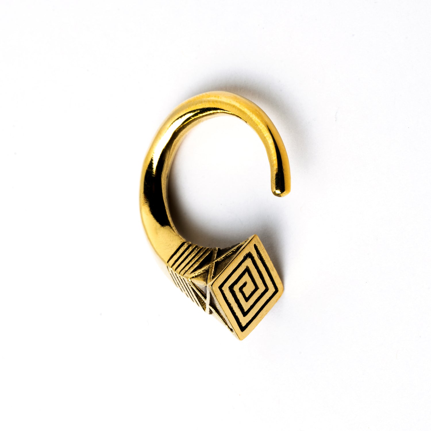 single gold brass hook weight hanger with geometric design left side view