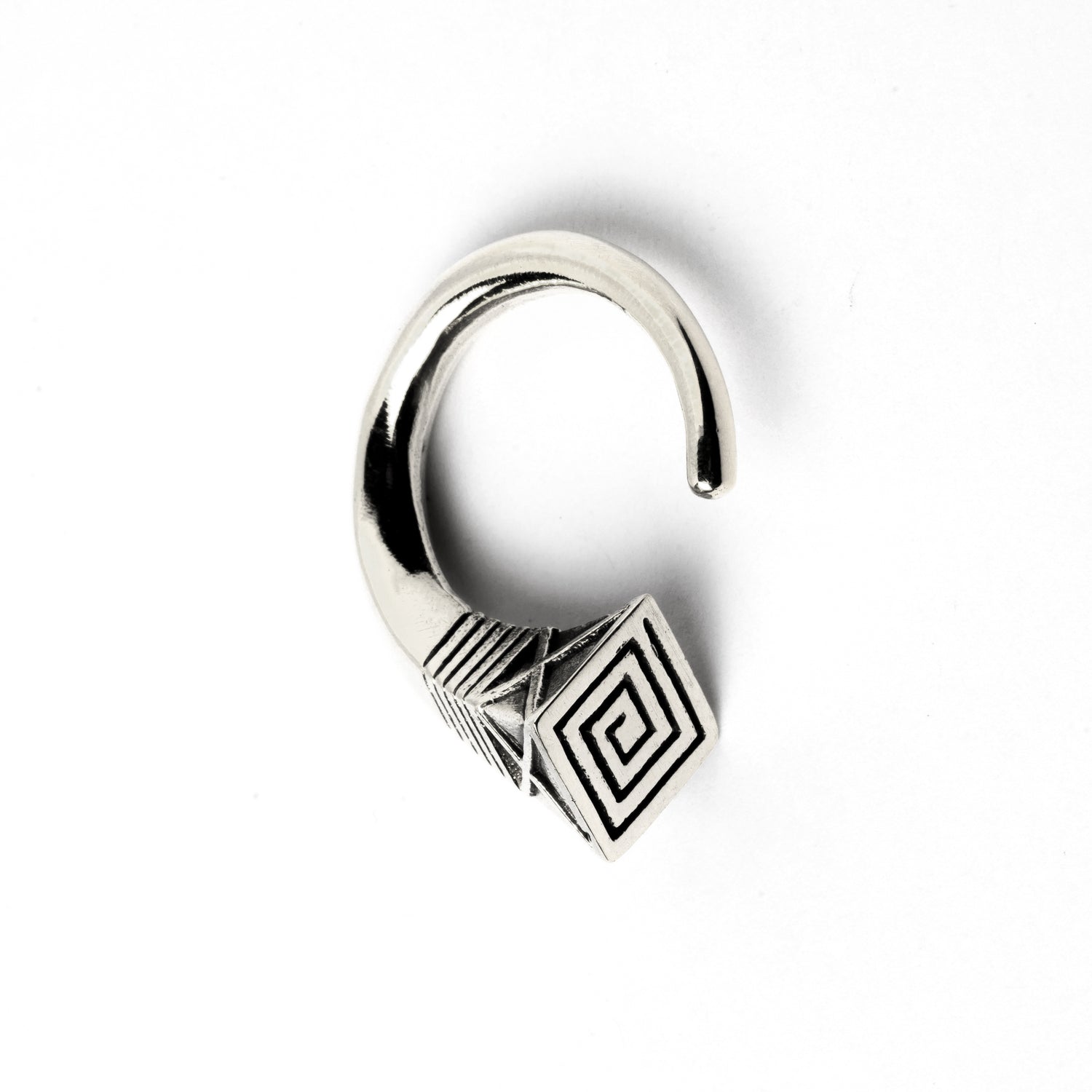 single white brass hook weight hanger with geometric design left side  view