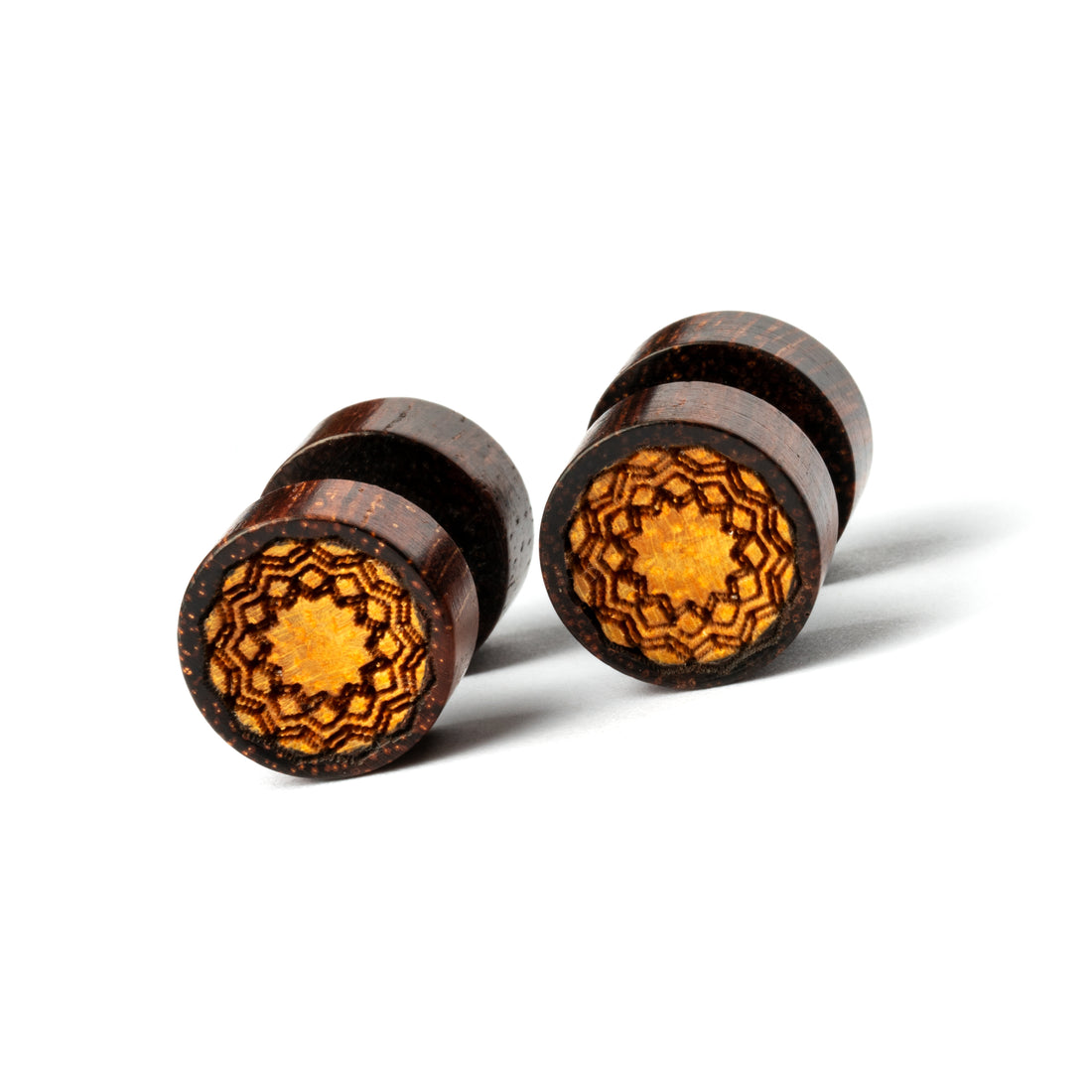 pair of Tamarind wood fake plugs earrings frontal view
