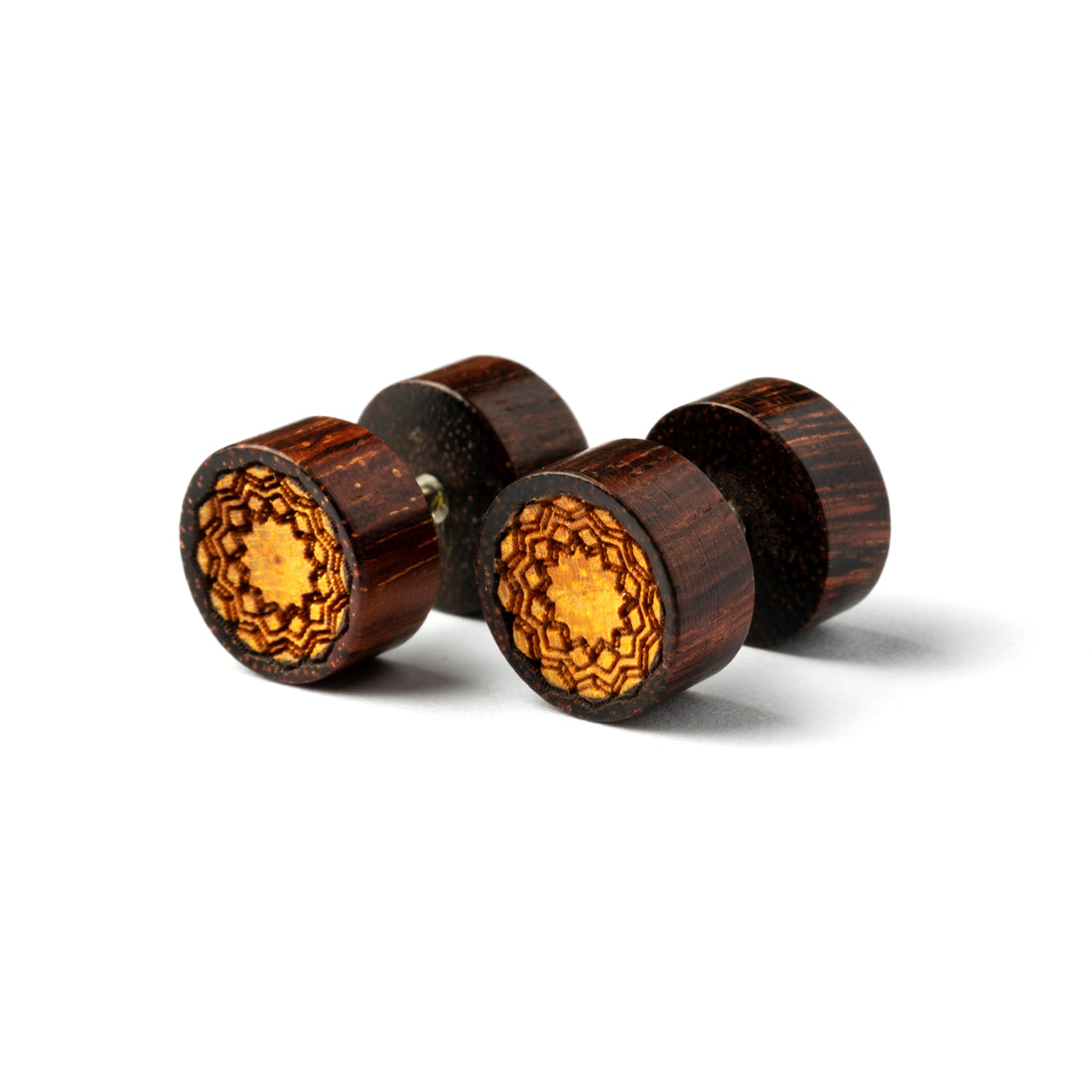 pair of Tamarind wood fake plugs earrings right side view
