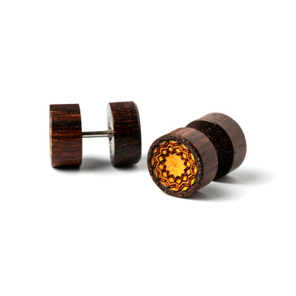 pair of Tamarind wood fake plugs earrings front and side view