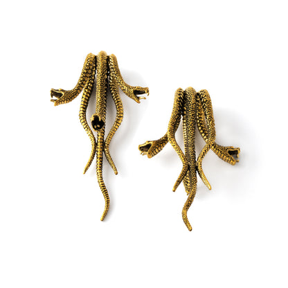 pair of gold brass three snakes attached as a hook ear hangers front and back view