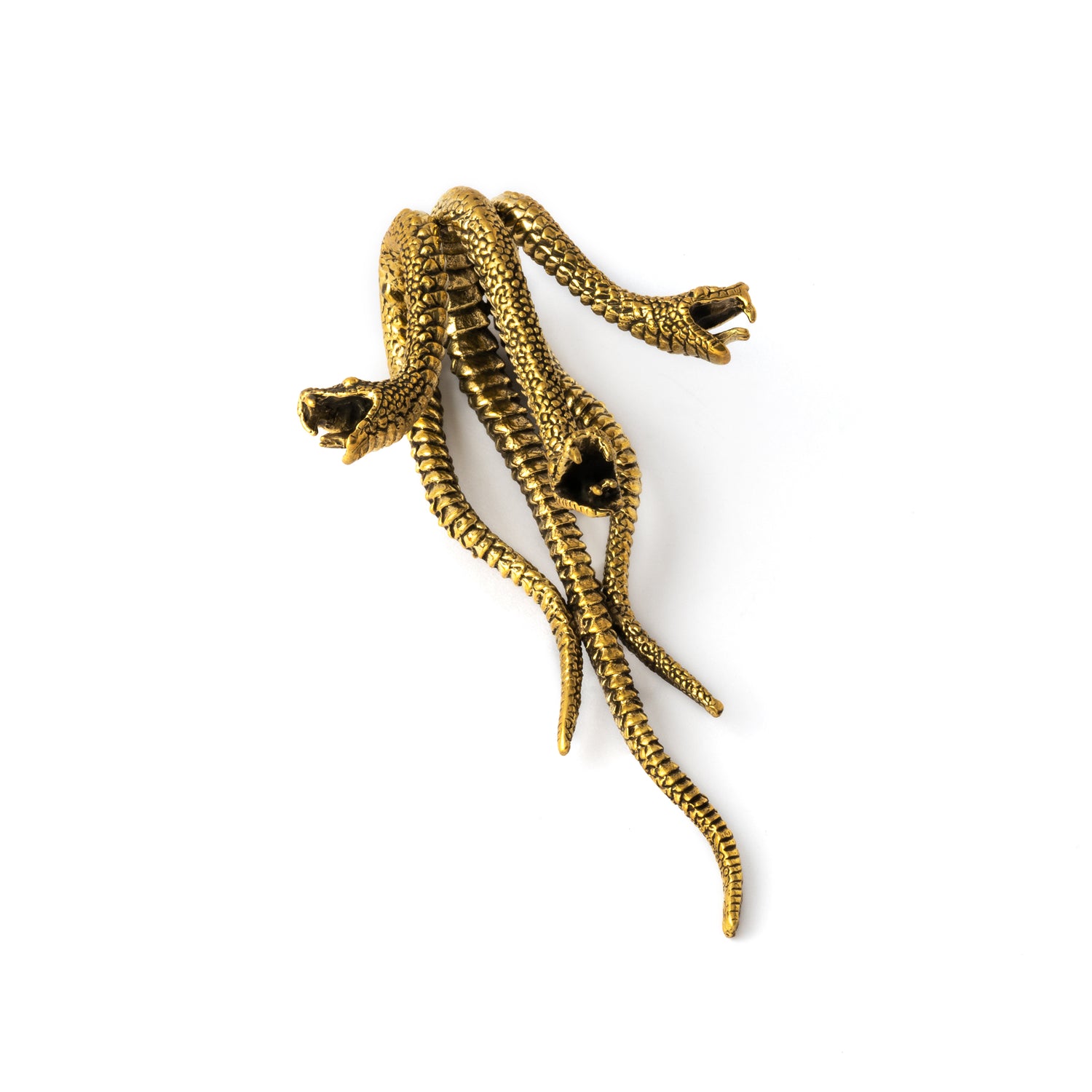 single gold brass three snakes attached as a hook ear hanger left front view