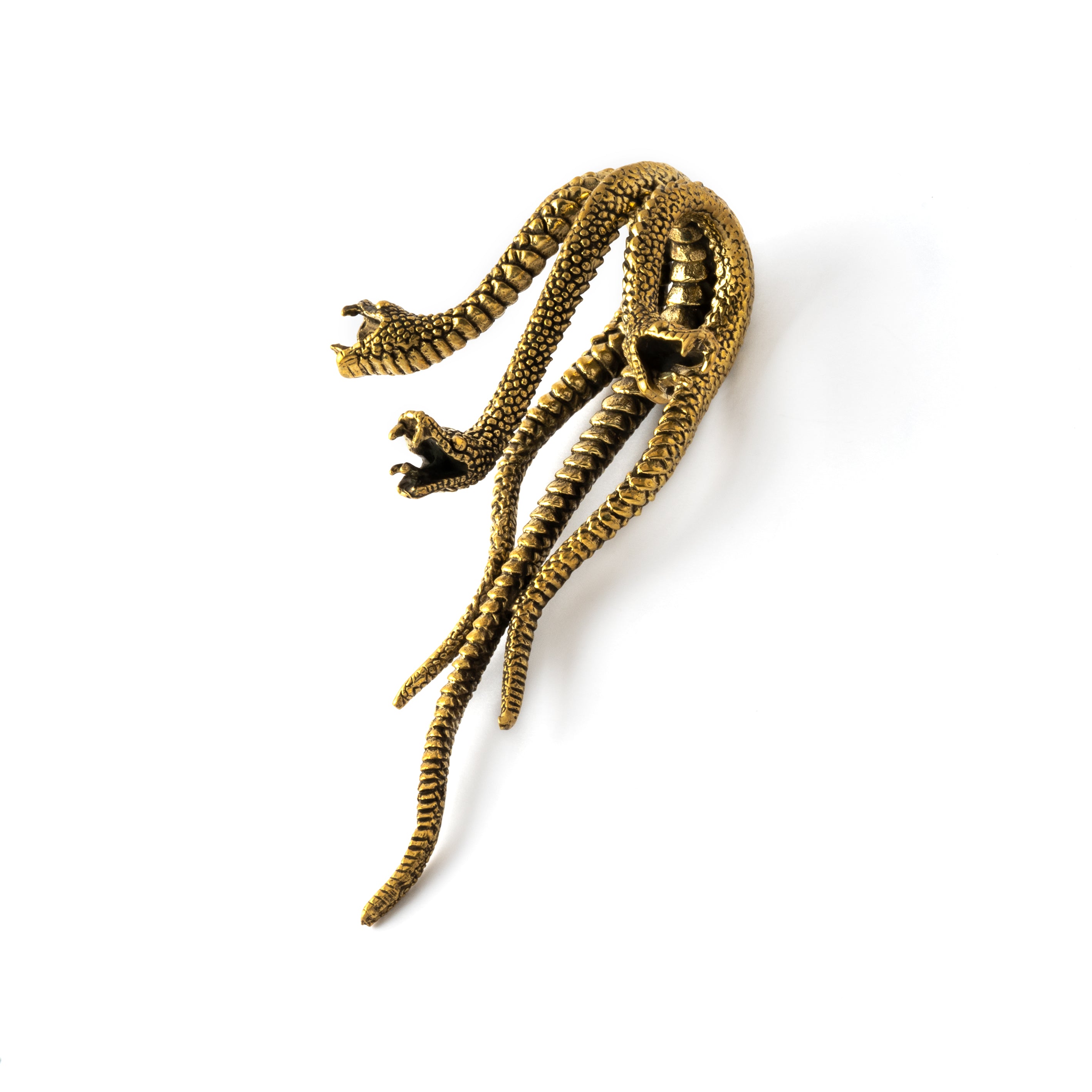 single gold brass three snakes attached as a hook ear hanger right front view