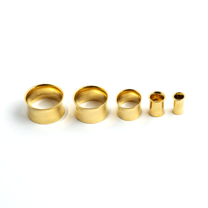 different sizes of minimalistic plain brass ear tunnel left side view