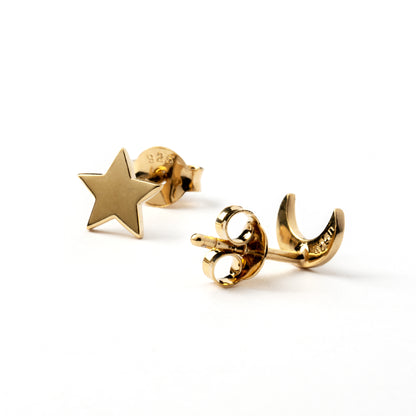 Gold celestial moon and star ear studs front and back view