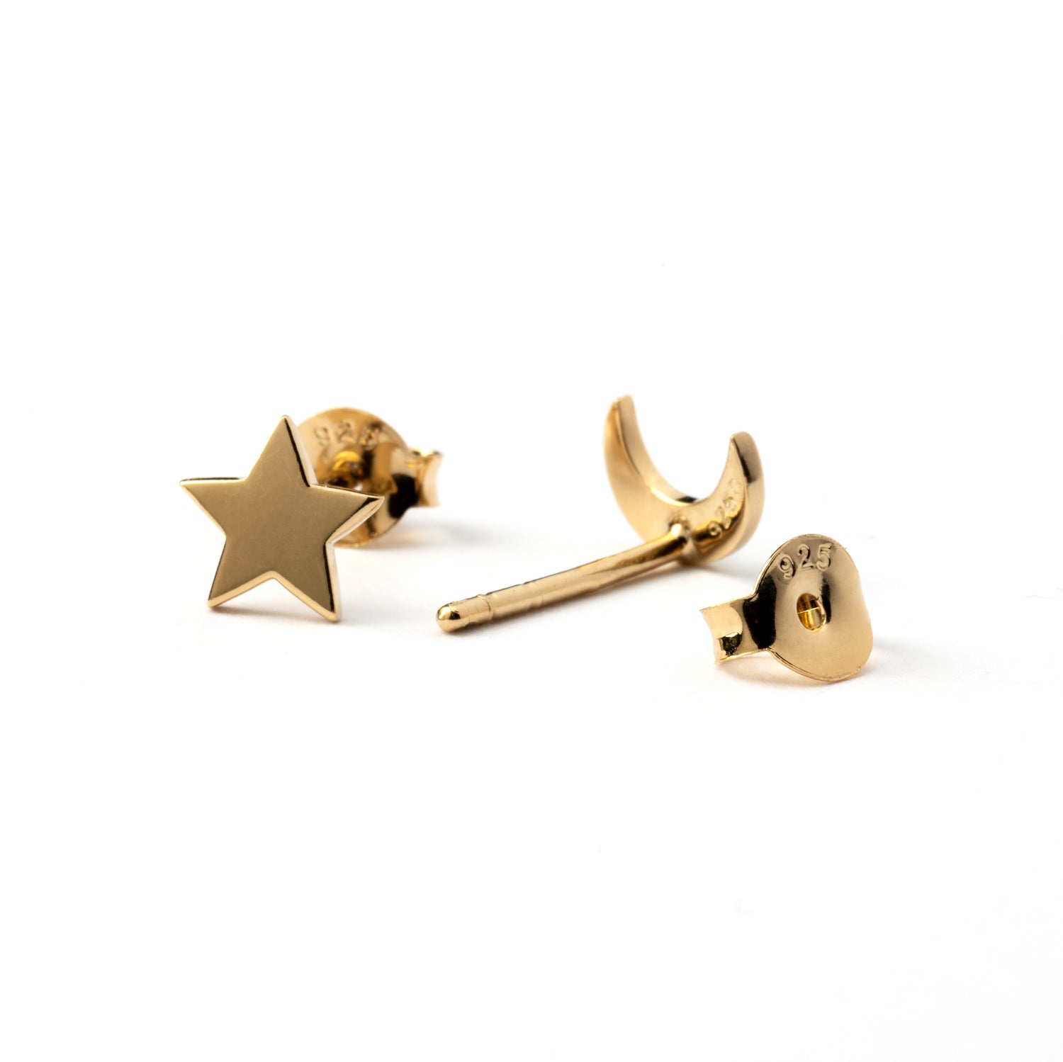 Gold celestial moon and star ear studs front and back view