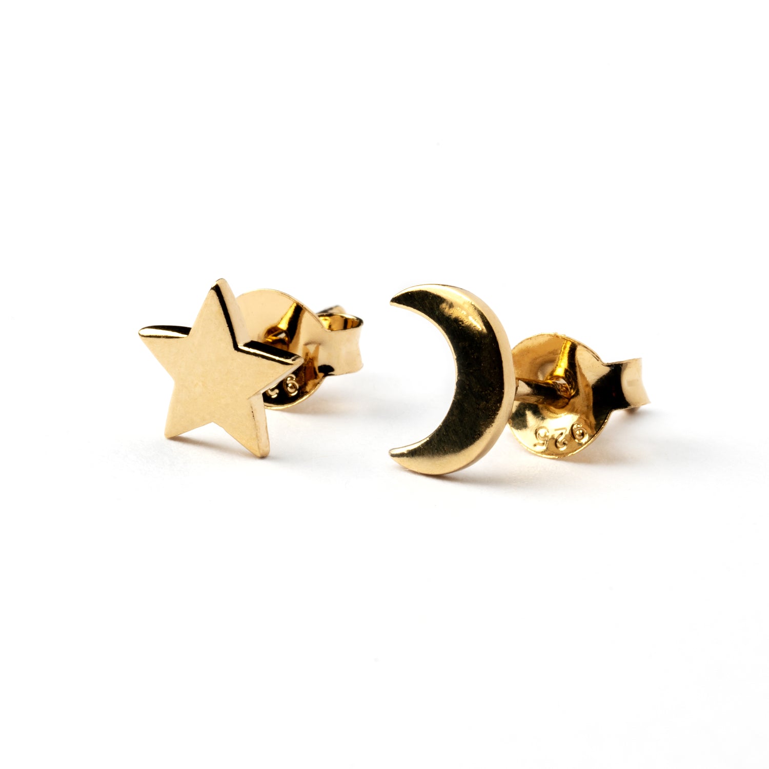 Gold celestial moon and star ear studs right side view