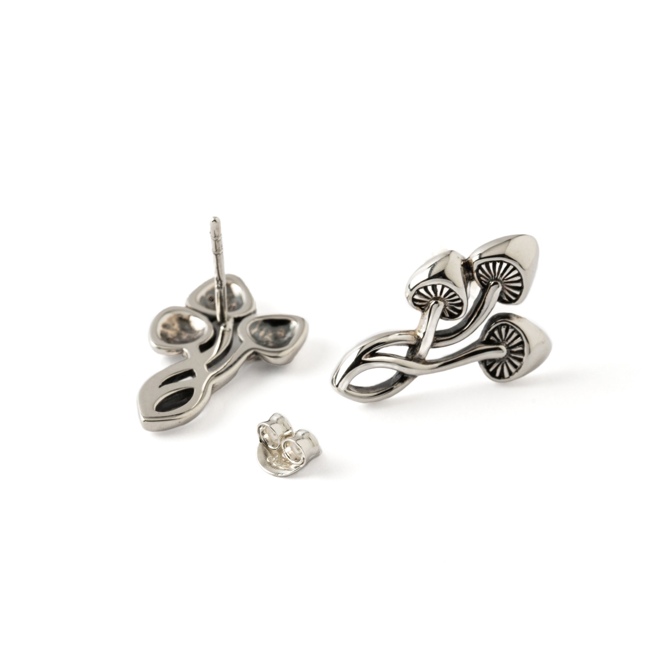 Mushroom Magic silver Stud earrings front and back view