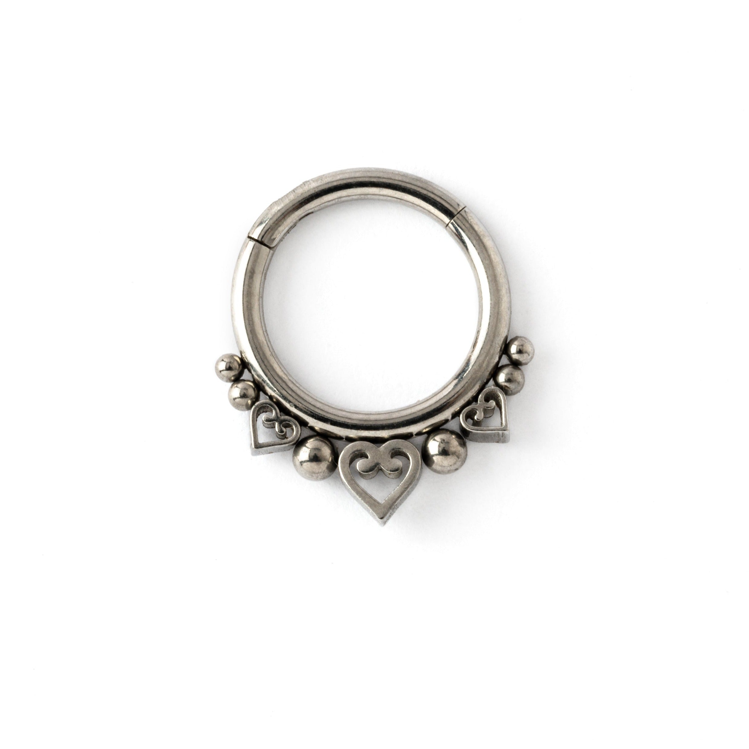 surgical steel hinged segment septum ring ornamented with tiny spheres and hearts 