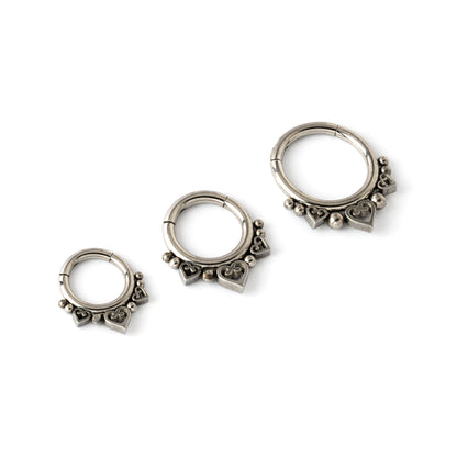 6mm, 8mm and 10mm surgical steel hinged segment septum ring with spheres and hearts ornaments
