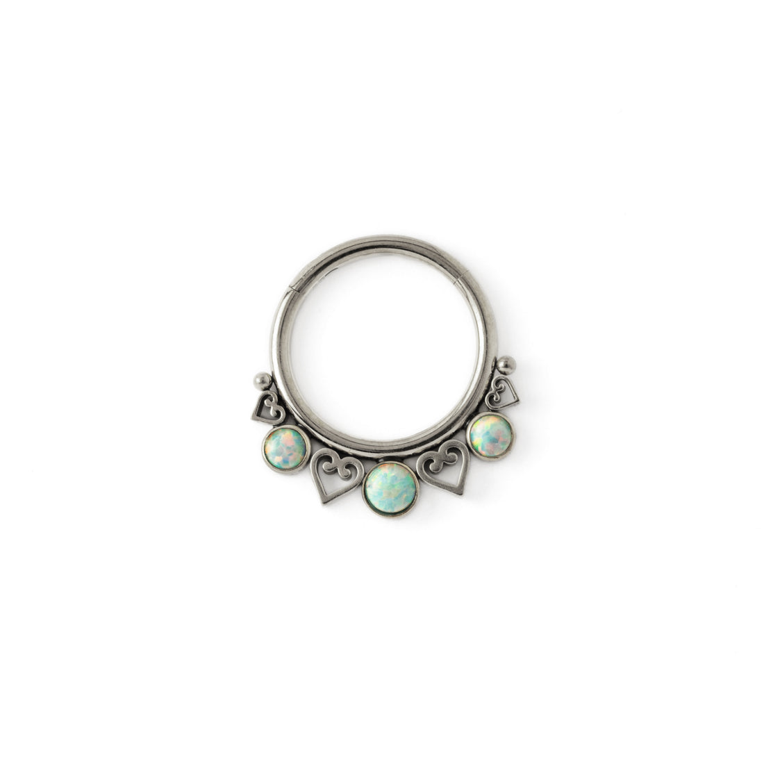 Neptune surgical steel septum clicker with white Opal frontal view