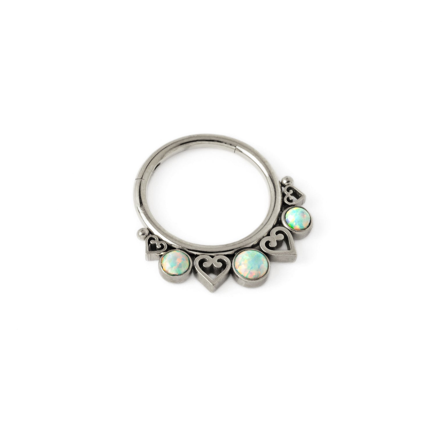 Neptune surgical steel septum clicker with white Opal left side view