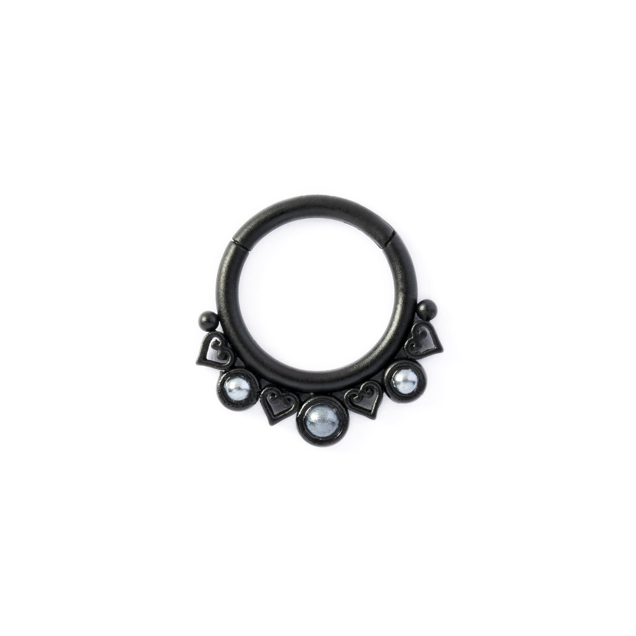 Black surgical steel Neptune Pearl Septum Clicker ring frontal view