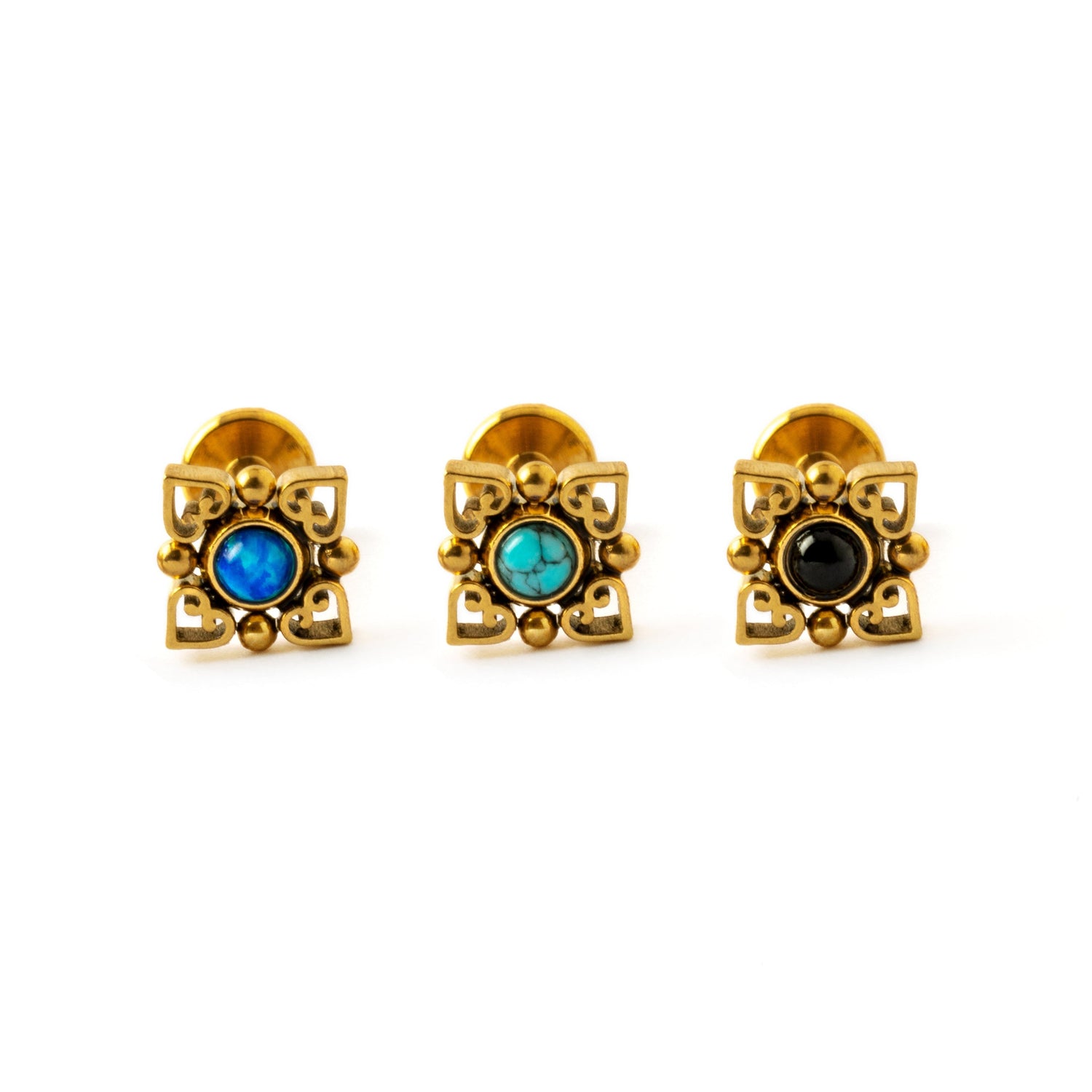 Neptune golden labrets with turquoise, black onyx, blue opal frontal view