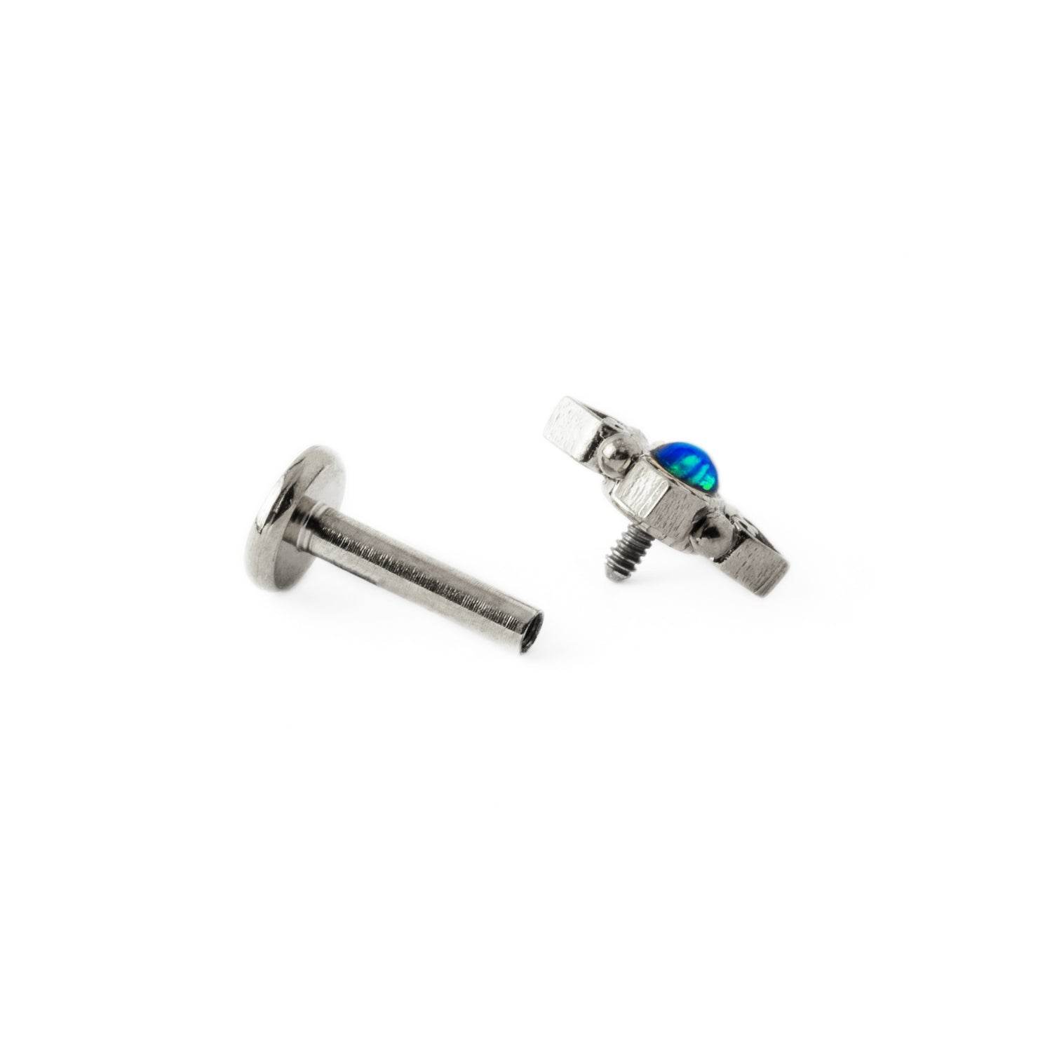Neptune surgical steel labret with blue Opal internally threaded closure view