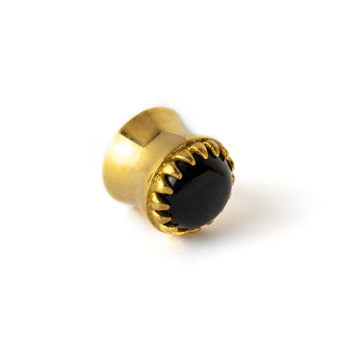 golden ear plug crown shaped with centred black obsidian 
