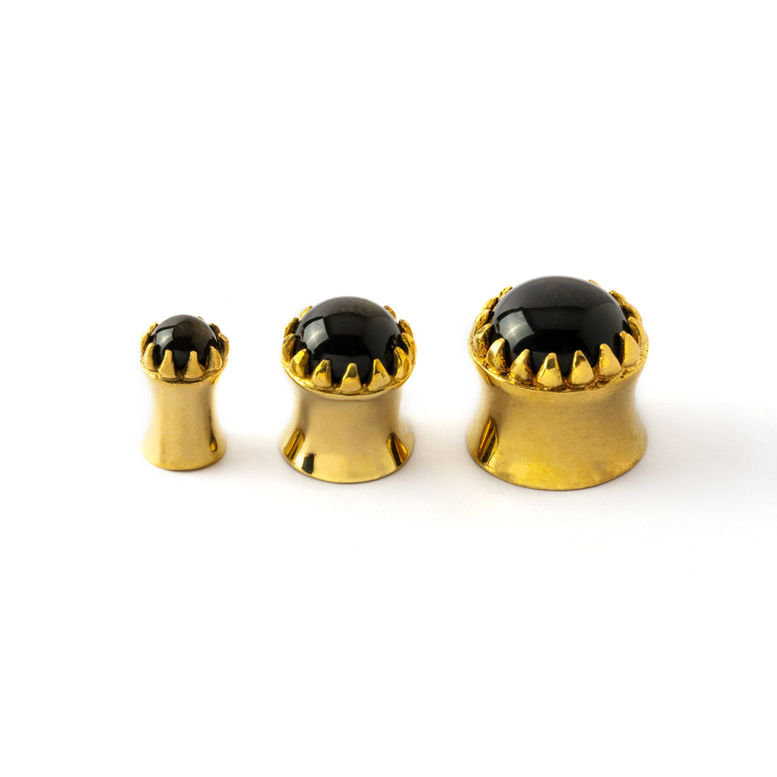 golden ear plug crown shaped with centred black obsidian in variety of sizes 