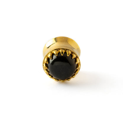 golden ear plug crown shaped with centred black obsidian front view