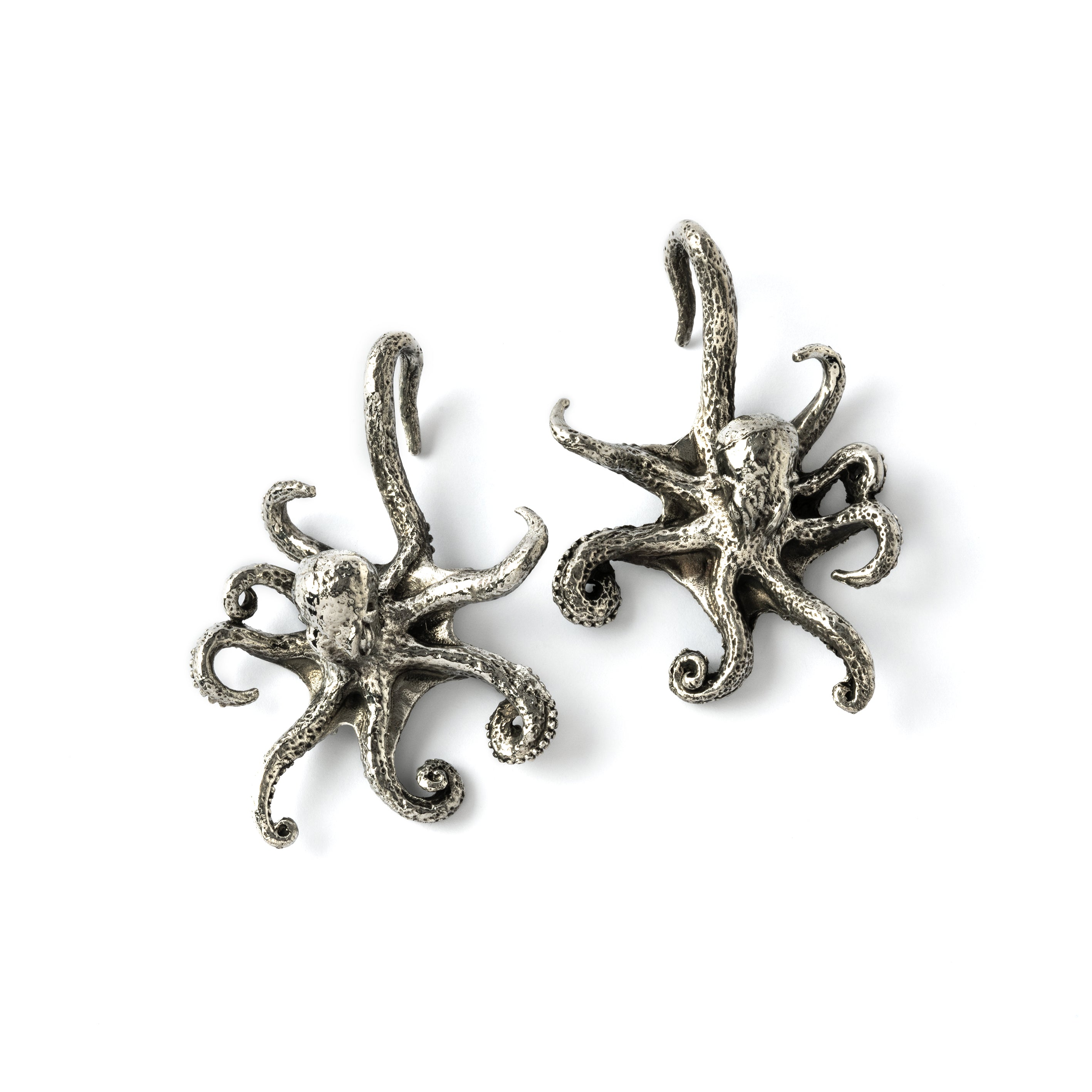 pair of silver brass Octopus ear weights hangers frontal view