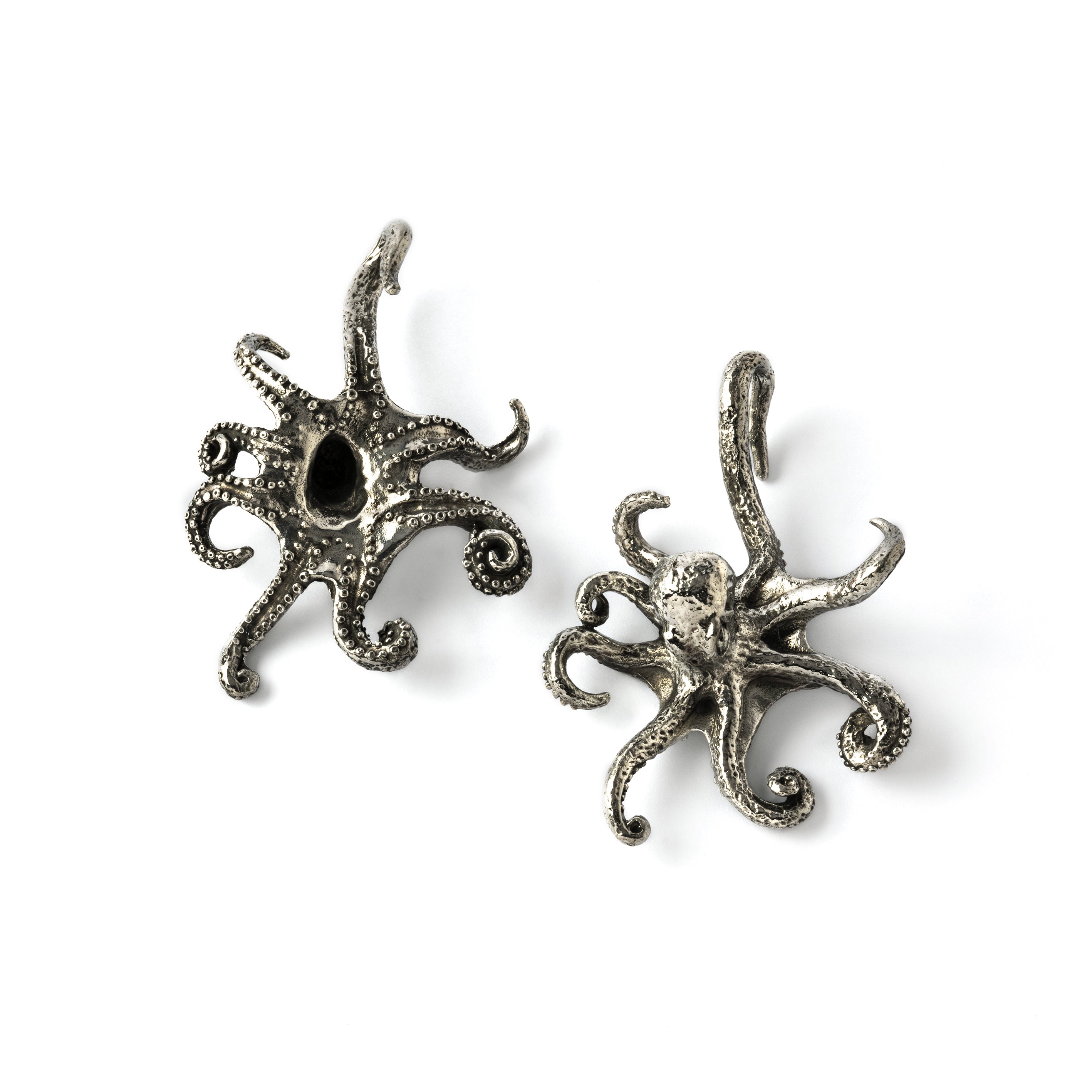 pair of silver brass Octopus ear weights hangers front and back view