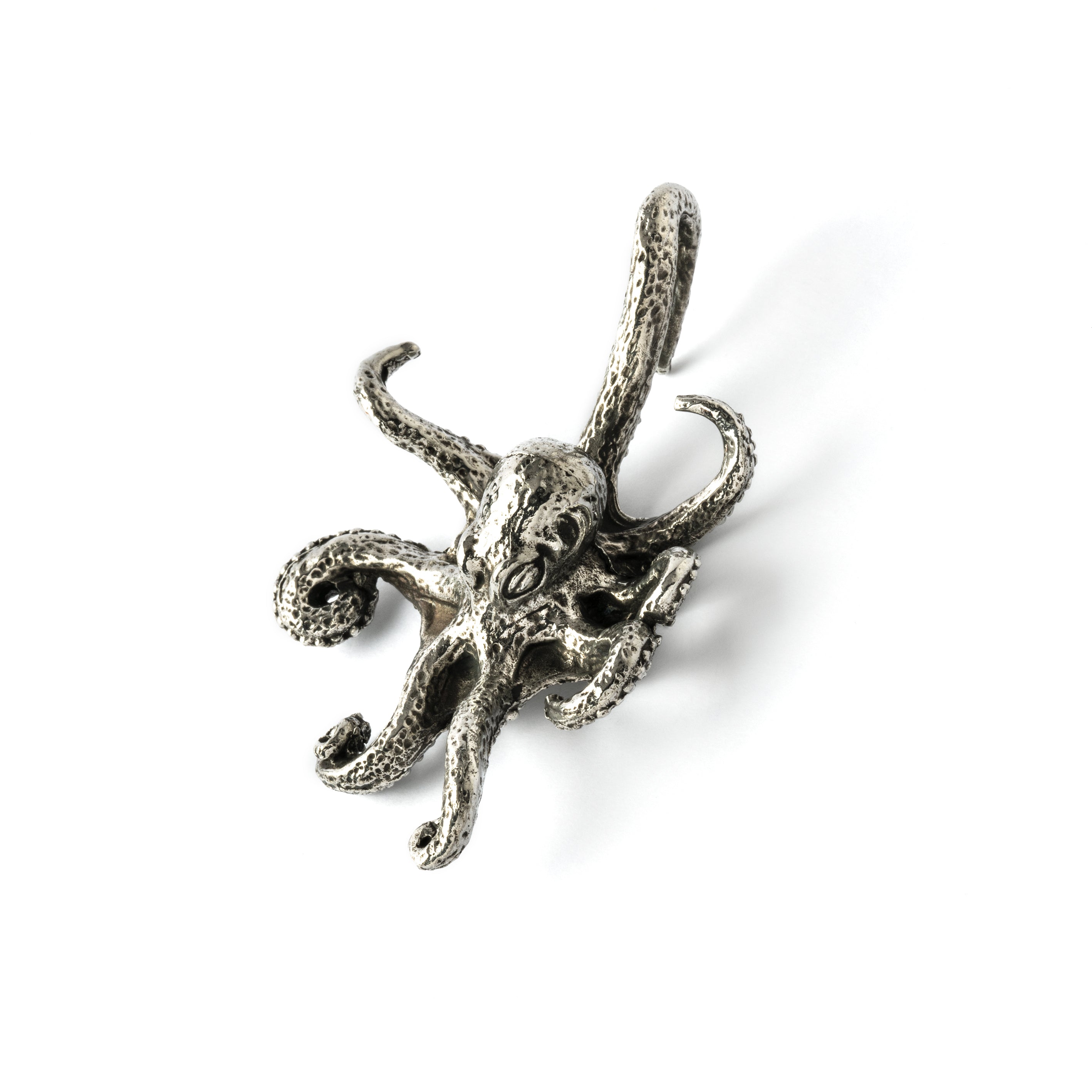 single silver brass Octopus ear weight hanger left front view