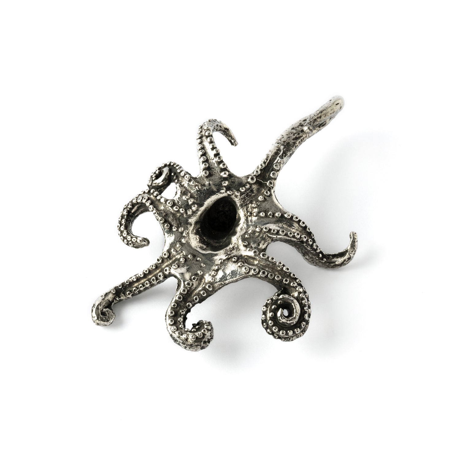 single silver brass Octopus ear weight hanger back view