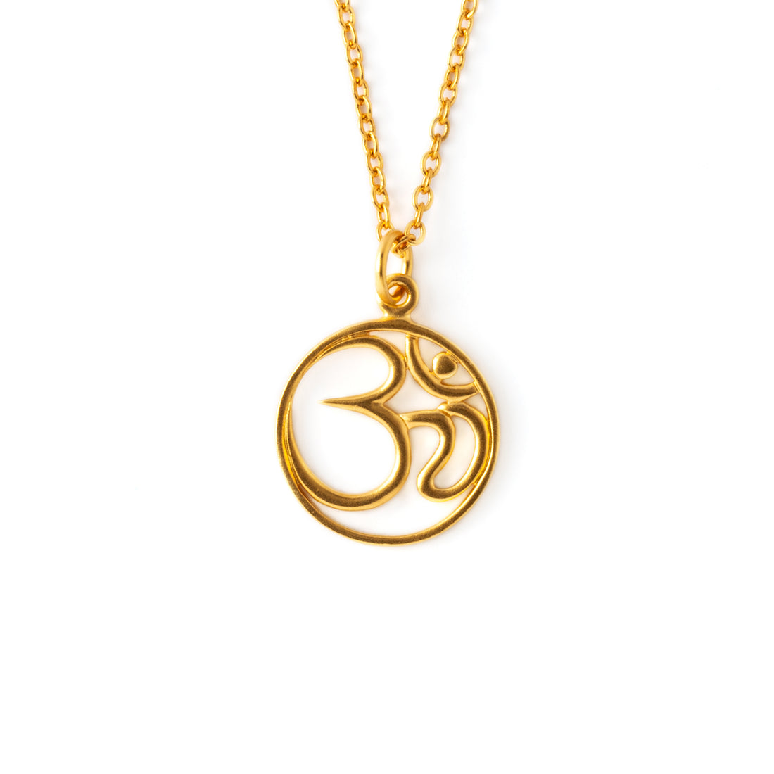 Gold Om stamp necklace on a chain frontal view
