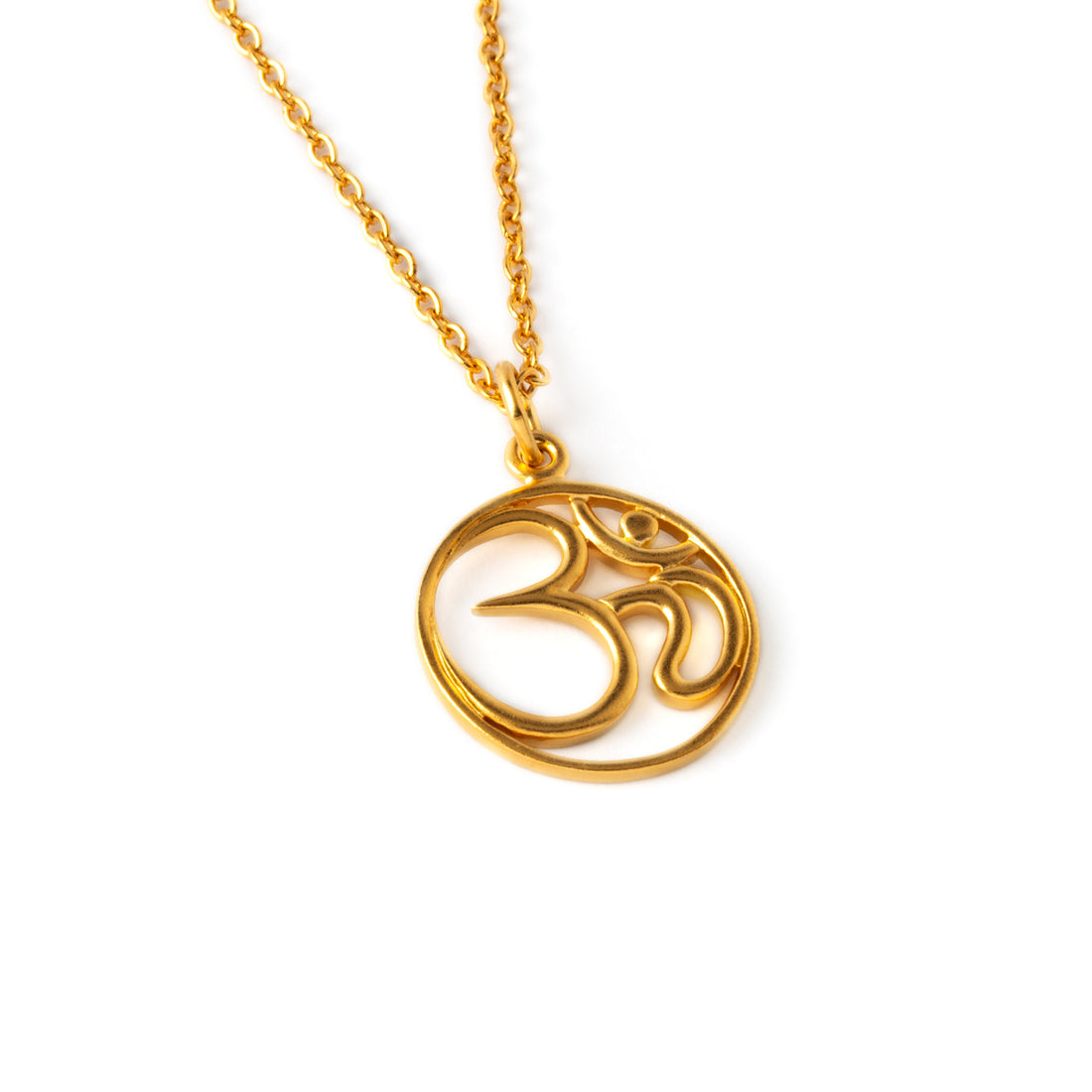 Gold Om stamp necklace on a chain right side view