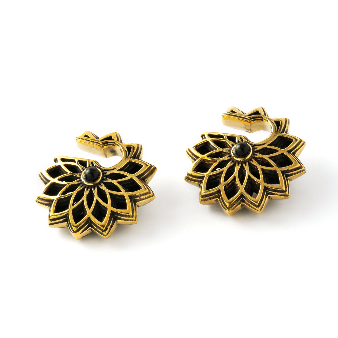 pair of antique gold colour geometric flower ear weights hangers with black onyx down view