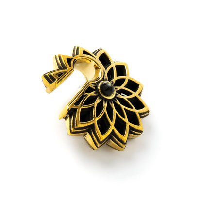 single antique gold colour geometric flower ear weights hangers with black onyx side view