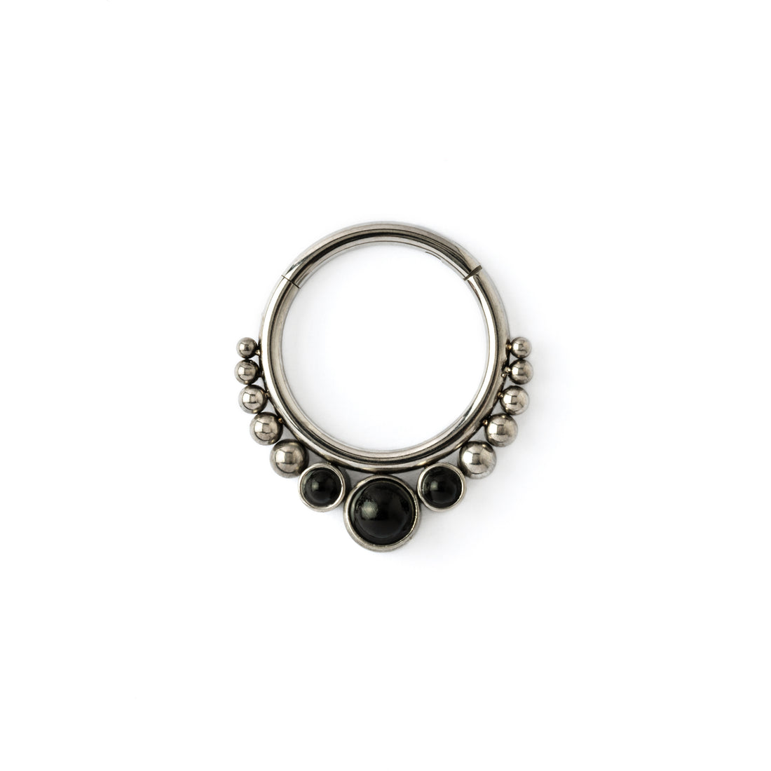Surgical steel septum clicker ring with black onyx frontal view