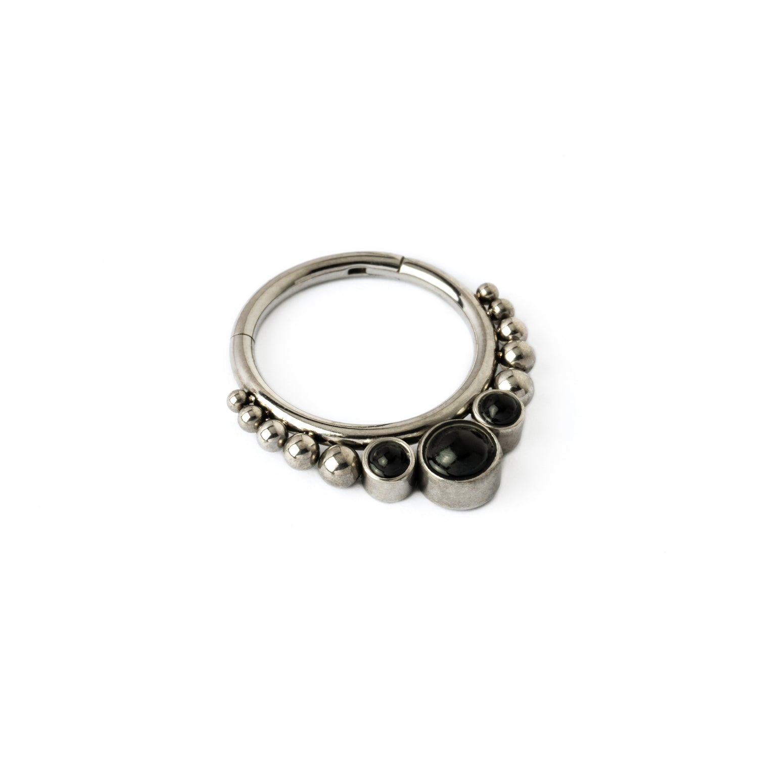 Surgical steel septum clicker ring with black onyx left side view