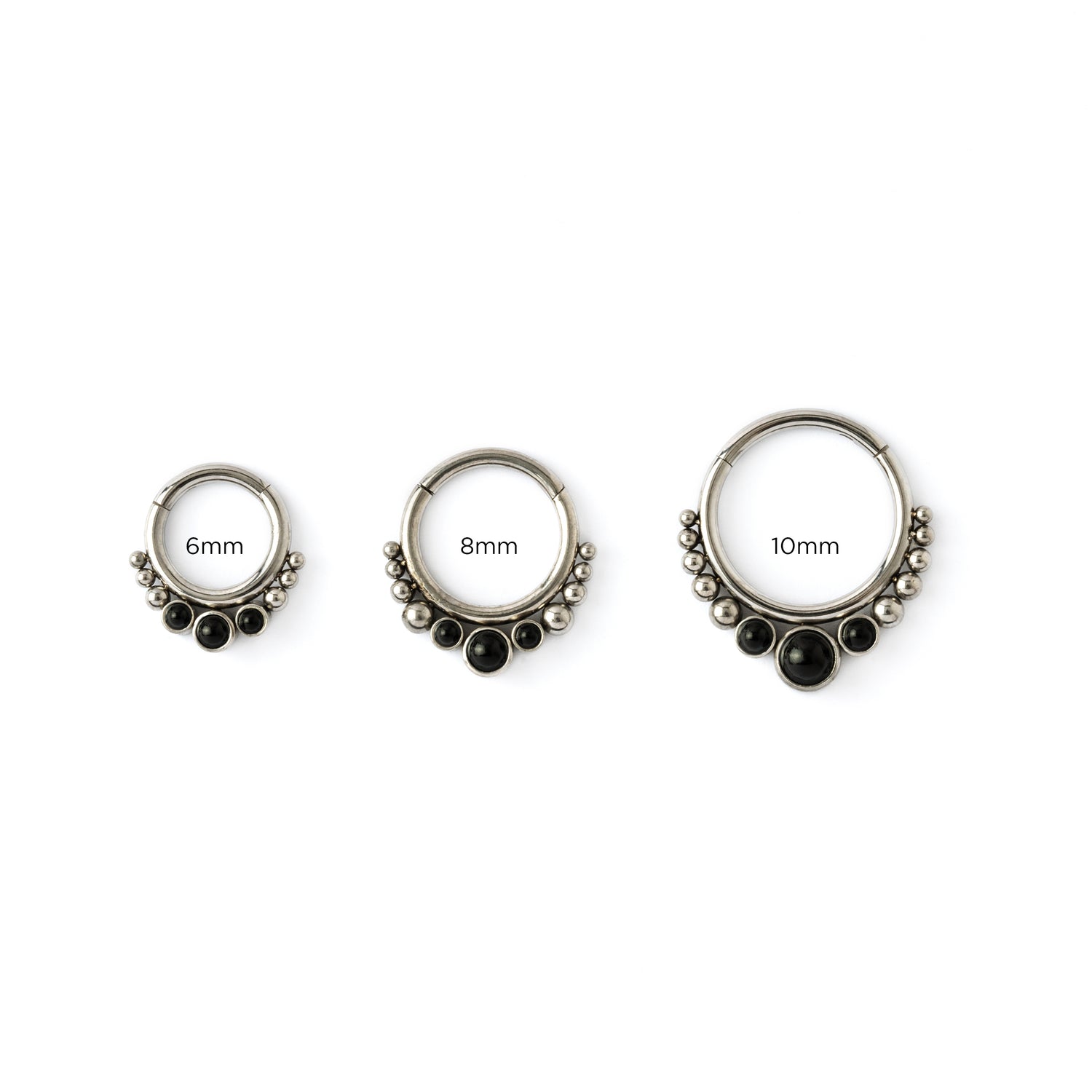 6mm, 8mm &amp; 10mm Surgical steel septum clicker rings with black onyx frontal view