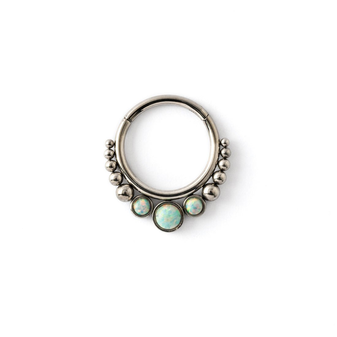 Surgical steel septum clicker ring with Opal frontal view