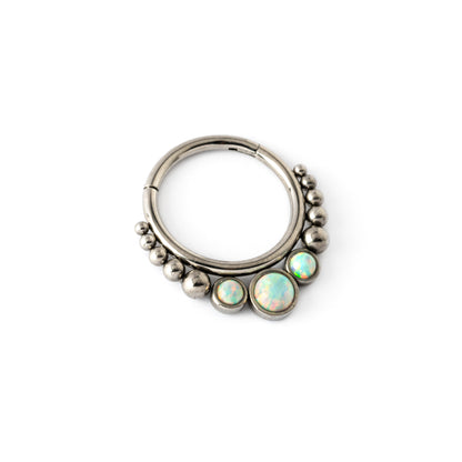 Surgical steel septum clicker ring with Opal left side view