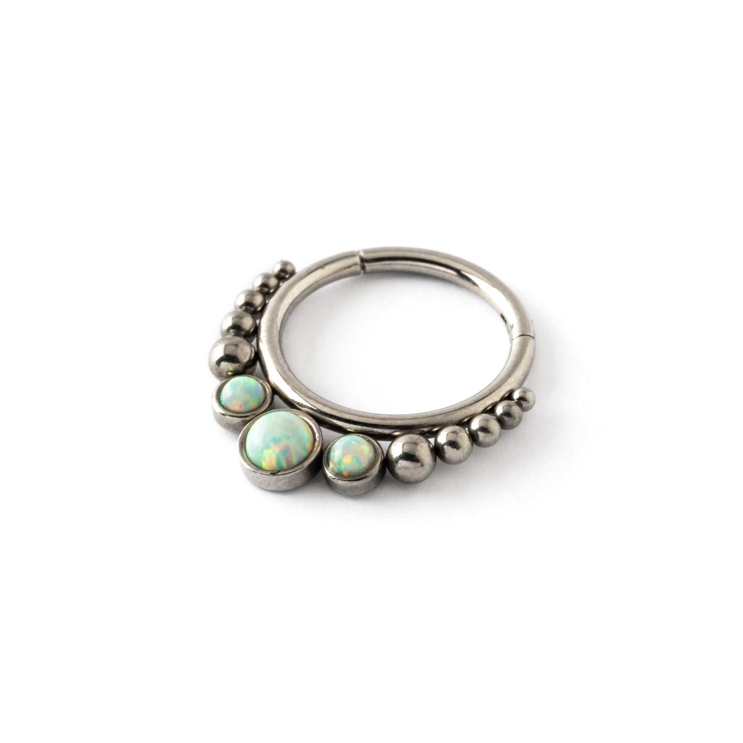 Surgical steel septum clicker ring with Opal right side view