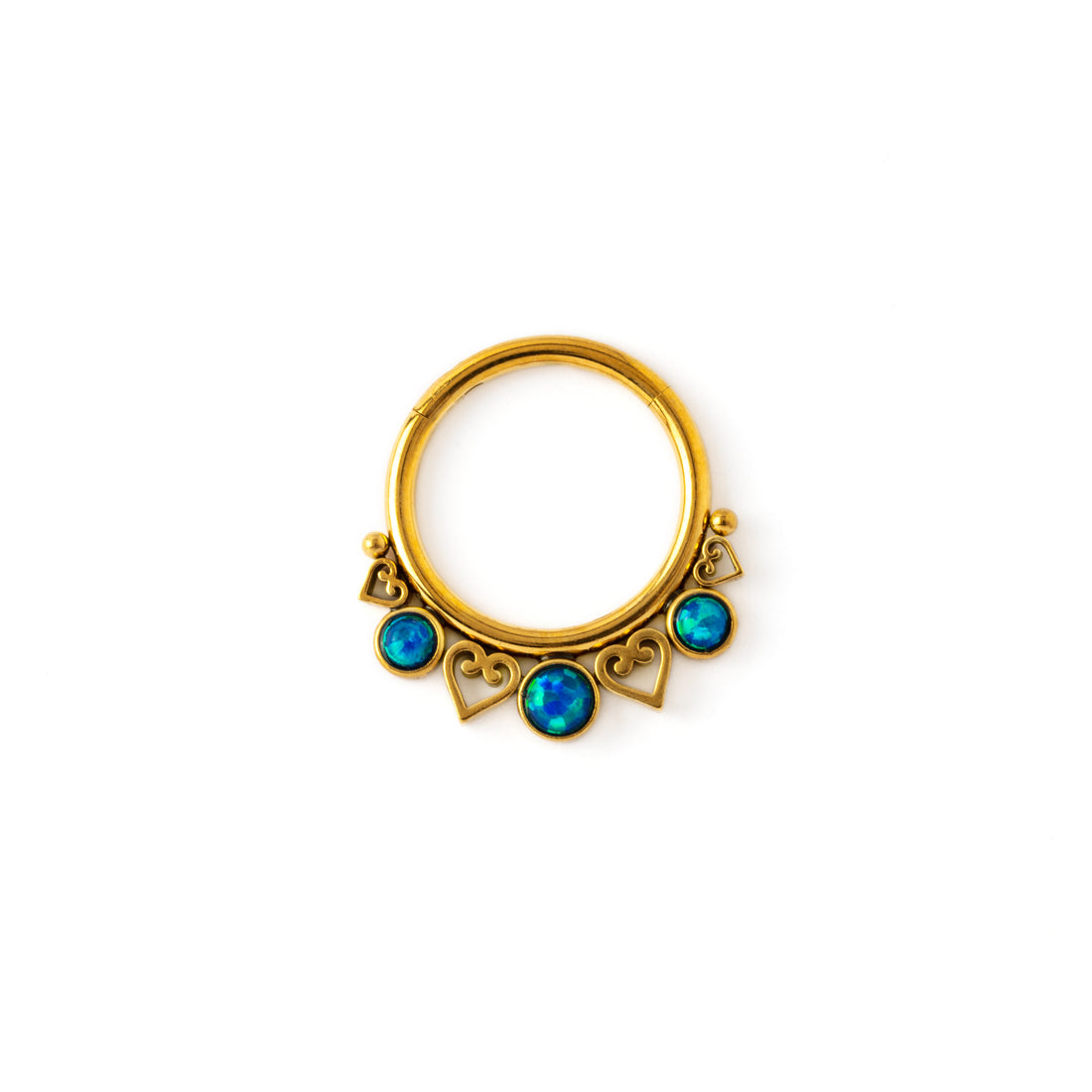golden neptune septum clicker with trio blue opals frontal view