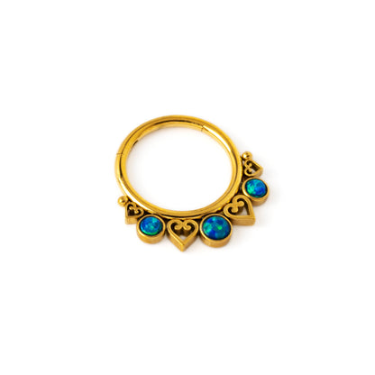 golden neptune septum clicker with trio blue opals right side view