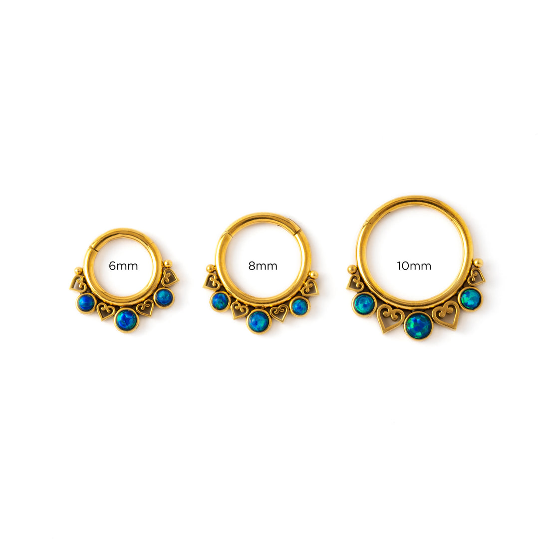 6mm, 8mm &amp; 10mm golden neptune septum clickers with trio blue opals frontal view