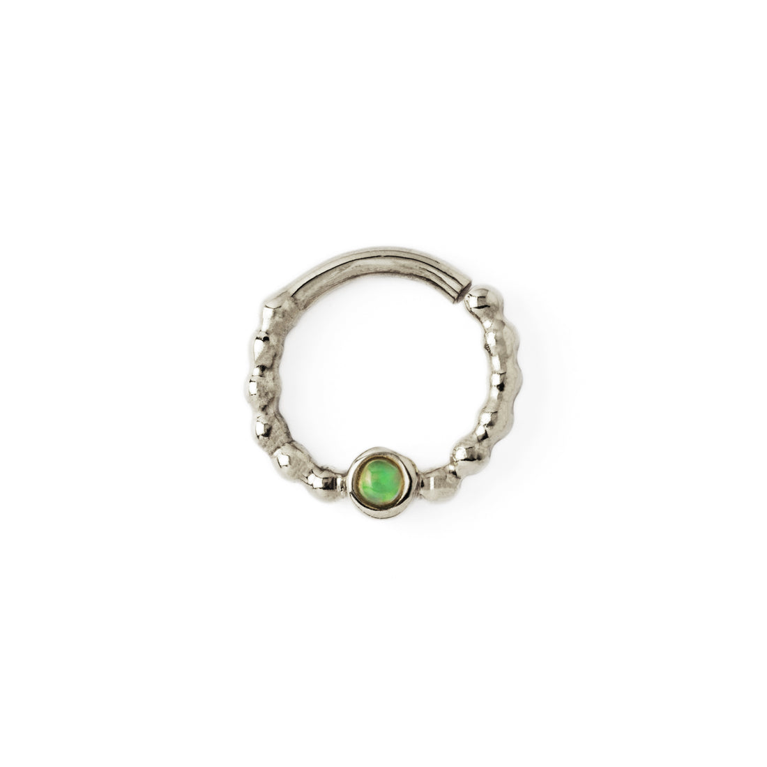 sterling silver dotted septum ring with Opal gemstone frontal view