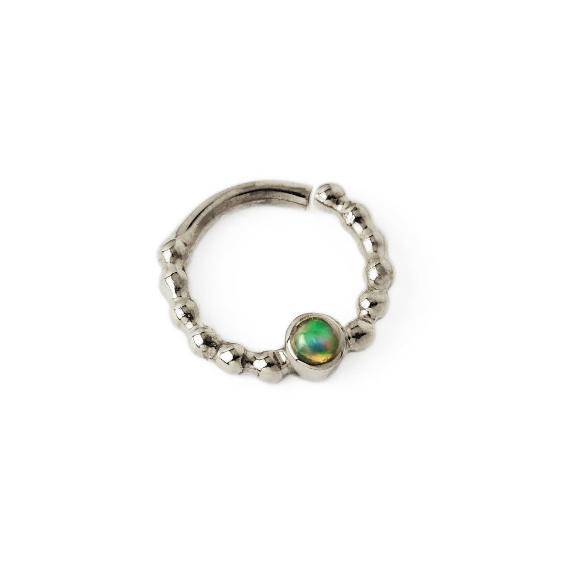 sterling silver dotted septum ring with Opal gemstone right side view