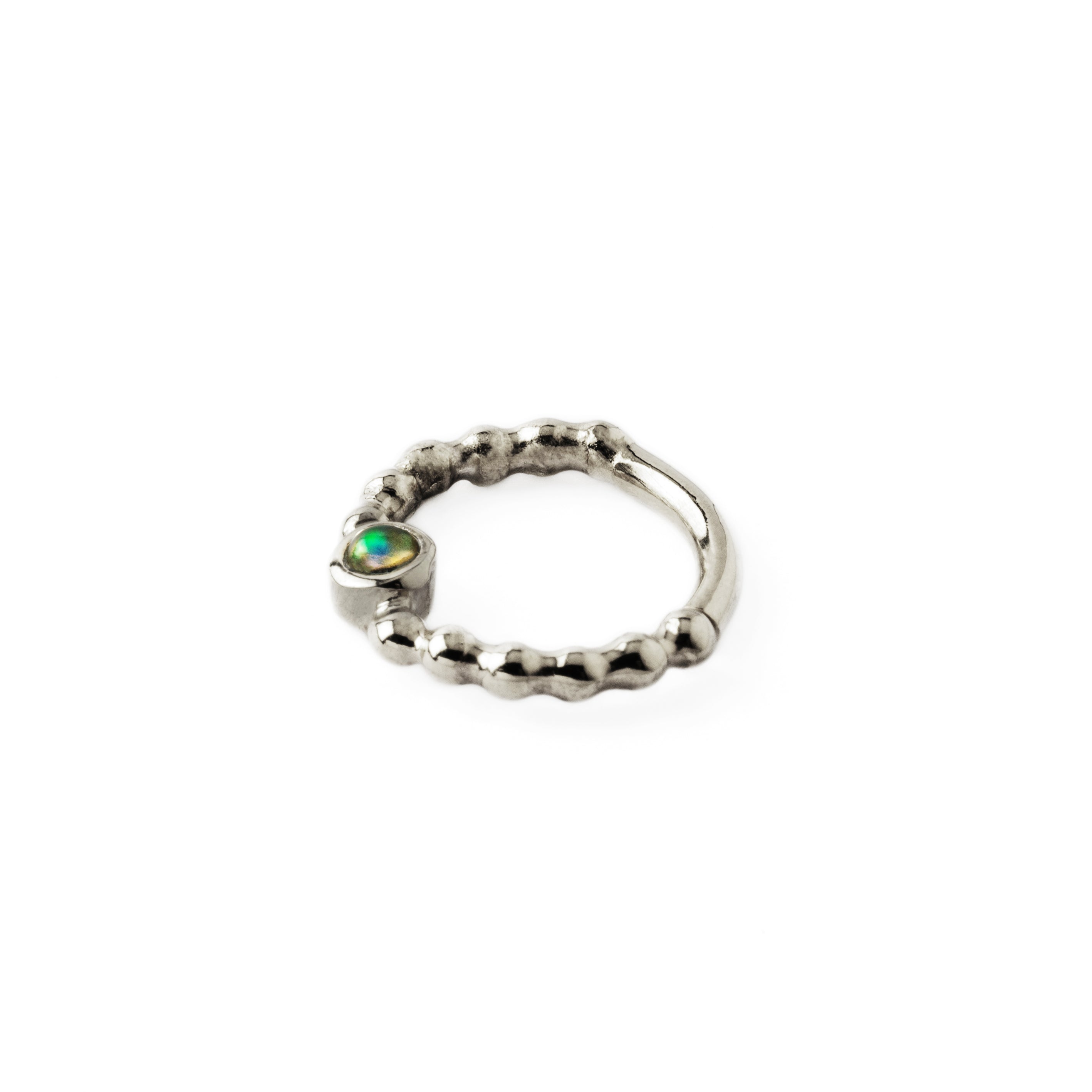 sterling silver dotted septum ring with Opal gemstone side view