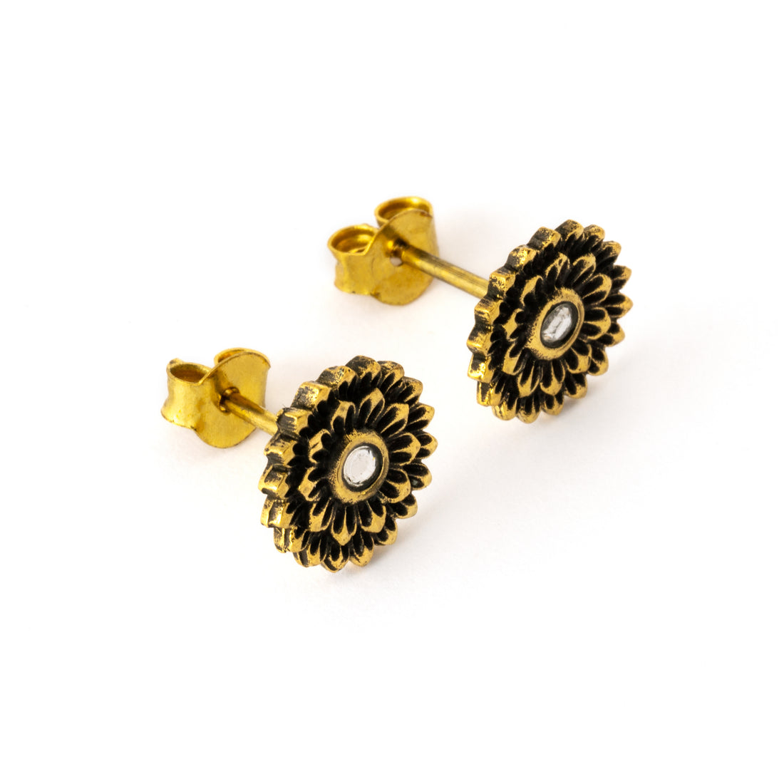 boho chic golden open lotus ear studs with centred crystal