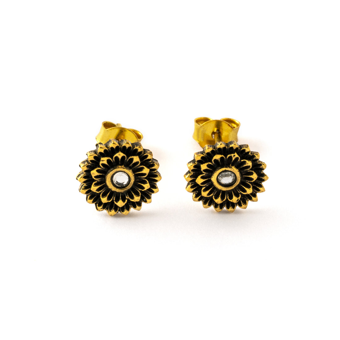 boho chic golden open lotus ear studs with centred crystal front view
