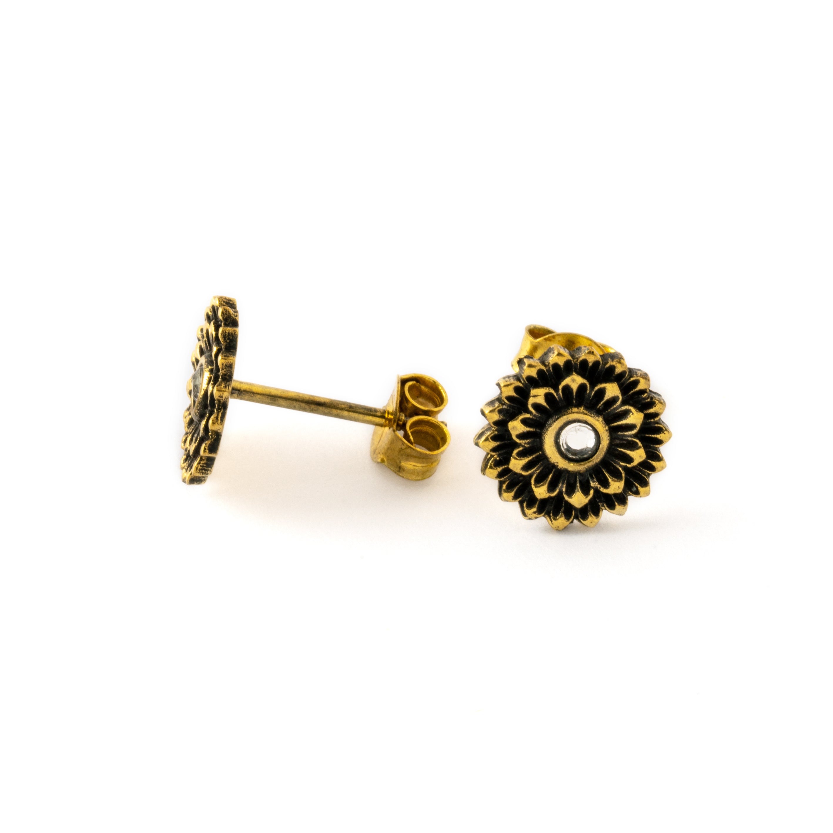 boho chic golden open lotus ear studs with centred crystal side and front view