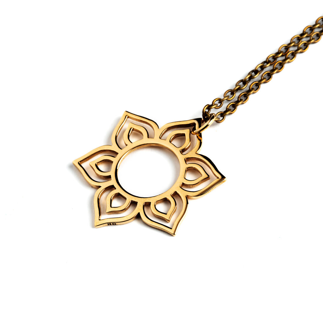 Open Lotus Charm Necklace in bronze right side view
